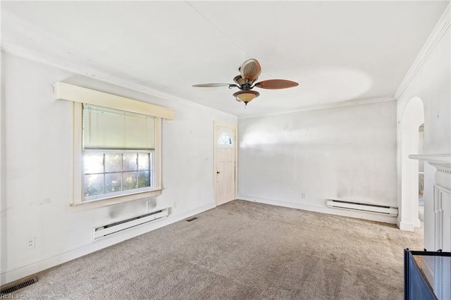 1132 Proctor St, Suffolk, VA 23434 - carpeted empty room with a baseboard radiator, crown molding, and ceiling fan