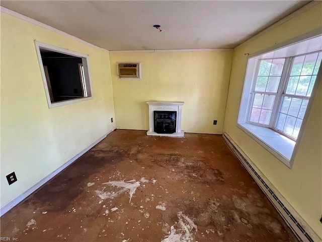 5410 Gum Fork Rd, Gloucester, VA 23061 - unfurnished living room featuring a baseboard radiator, a wall unit AC, concrete floors, a fireplace with raised hearth, and crown molding