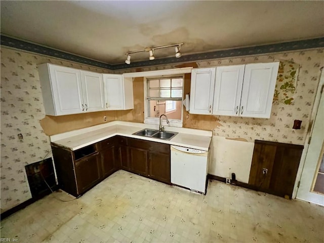 5410 Gum Fork Rd, Gloucester, VA 23061 - kitchen featuring dishwasher, wallpapered walls, white cabinets, light countertops, and dark brown cabinets