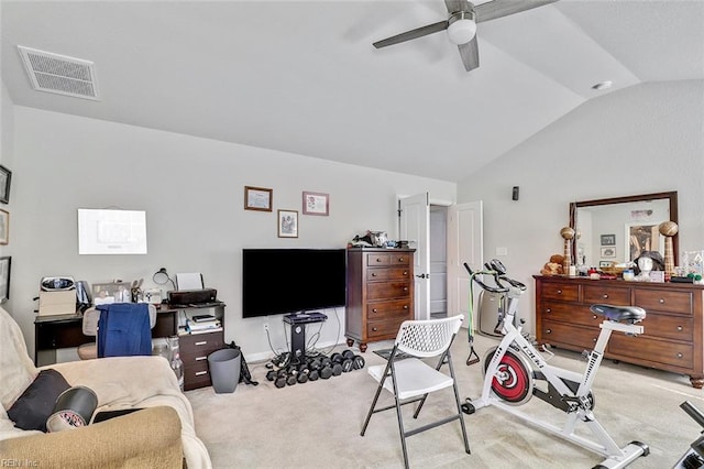 145 Blessing Cir, Suffolk, VA 23434 - workout room with lofted ceiling, light carpet, and a ceiling fan