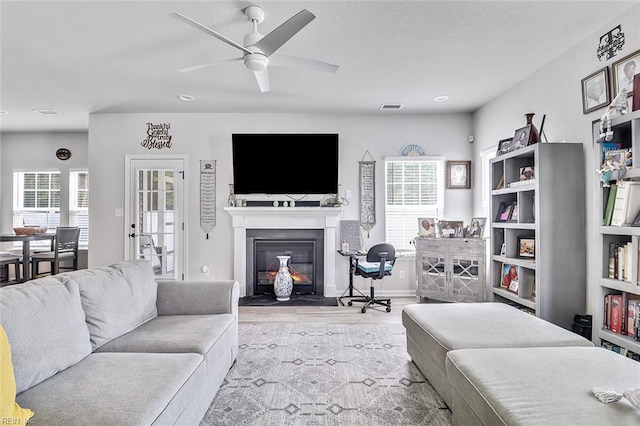 145 Blessing Cir, Suffolk, VA 23434 - living area featuring wood finished floors, a glass covered fireplace, a ceiling fan, healthy amount of natural light, and a textured ceiling