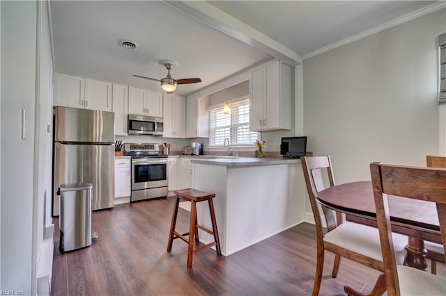 215 Lisbon Dr, Newport News, VA 23601 - kitchen with appliances with stainless steel finishes, a peninsula, crown molding, white cabinetry, and dark wood-style flooring
