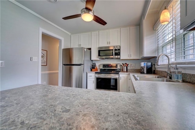 215 Lisbon Dr, Newport News, VA 23601 - kitchen featuring appliances with stainless steel finishes, ceiling fan, white cabinetry, light countertops, and crown molding