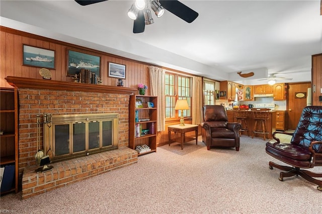440 N Adventure Trl, Virginia Beach, VA 23454 - living area with a ceiling fan, carpet floors, wood walls, and a fireplace