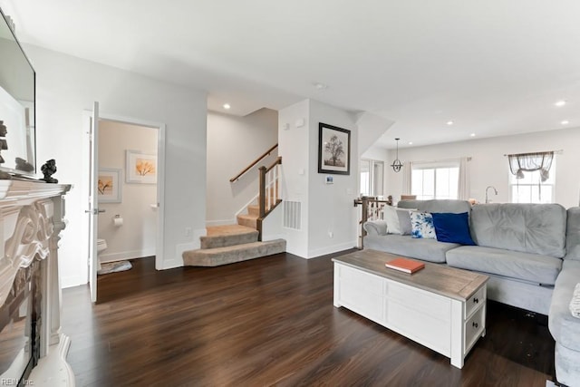 1803 Yardarm Way, Chesapeake, VA 23323 - living room featuring dark wood-style floors, stairs, and recessed lighting