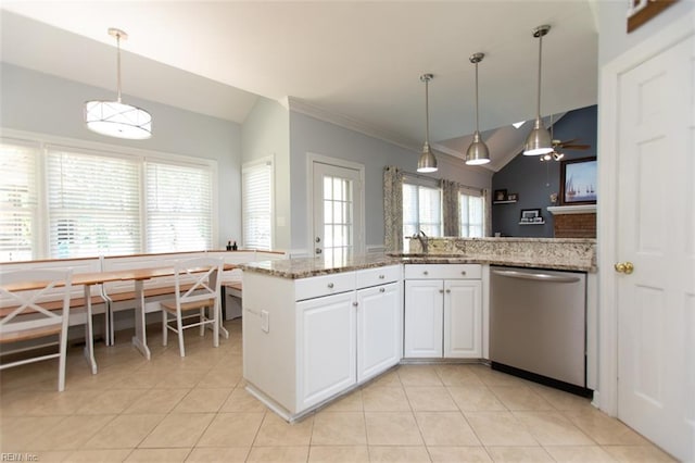 108 Sunrise Bluff Ct, Smithfield, VA 23430 - kitchen with dishwasher, vaulted ceiling, light tile patterned floors, white cabinets, and crown molding
