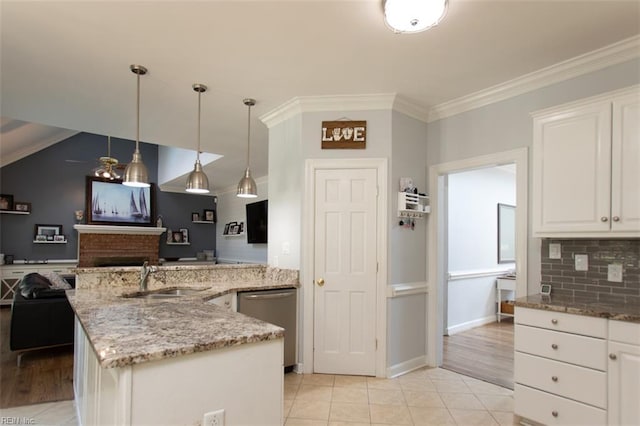 108 Sunrise Bluff Ct, Smithfield, VA 23430 - kitchen with dishwasher, white cabinets, open floor plan, light stone countertops, and pendant lighting