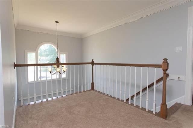 108 Sunrise Bluff Ct, Smithfield, VA 23430 - hall featuring carpet floors, a chandelier, an upstairs landing, and crown molding
