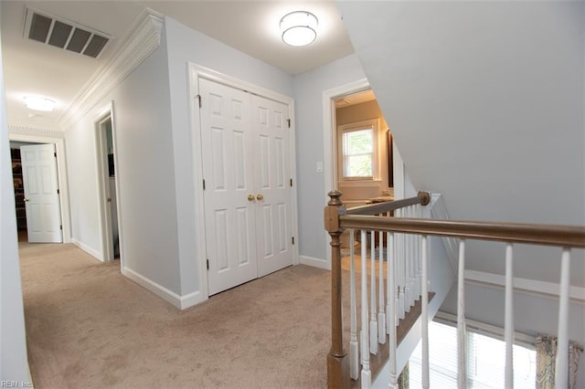 108 Sunrise Bluff Ct, Smithfield, VA 23430 - corridor featuring an upstairs landing, carpet flooring, and crown molding