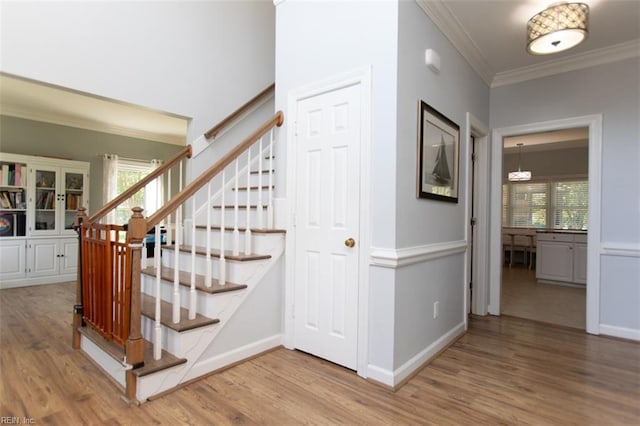 108 Sunrise Bluff Ct, Smithfield, VA 23430 - stairway featuring ornamental molding and wood finished floors