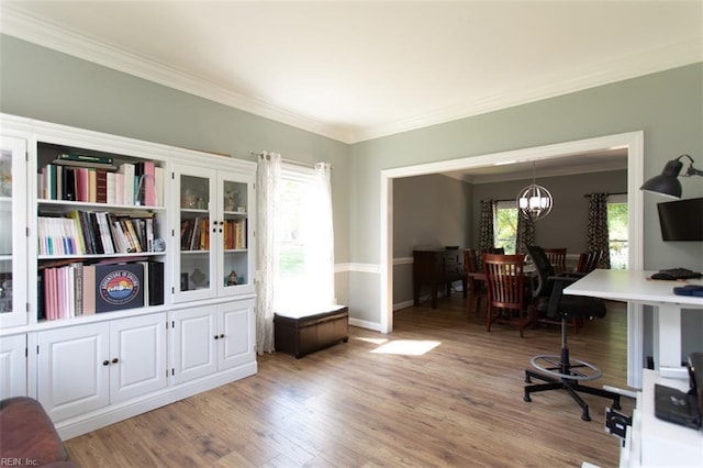 108 Sunrise Bluff Ct, Smithfield, VA 23430 - home office with ornamental molding, light wood-style floors, and a chandelier