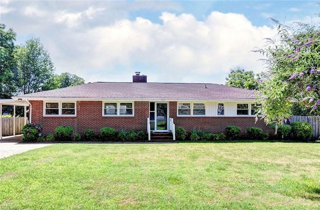 317 Farmville Ln, Williamsburg, VA 23188 - ranch-style house with brick siding, a chimney, and a shingled roof