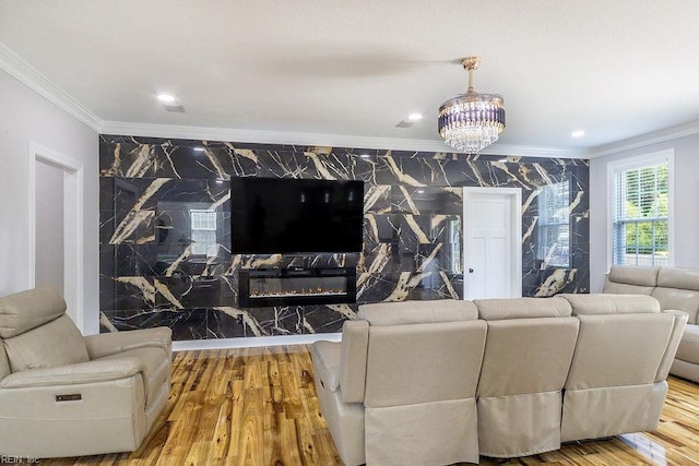 1161 Bells Mill Rd, Chesapeake, VA 23322 - living area featuring ornamental molding, wood finished floors, a chandelier, and recessed lighting
