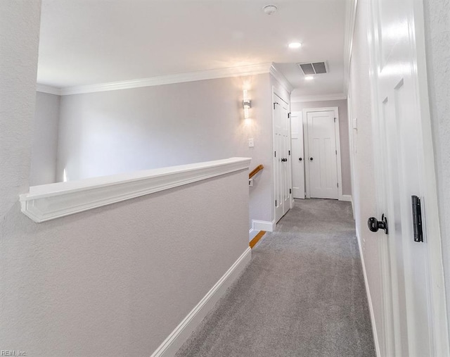 1161 Bells Mill Rd, Chesapeake, VA 23322 - hallway with carpet floors, ornamental molding, and an upstairs landing