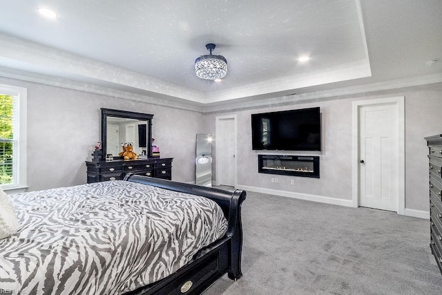 1161 Bells Mill Rd, Chesapeake, VA 23322 - bedroom featuring a raised ceiling, carpet floors, a glass covered fireplace, and ornamental molding