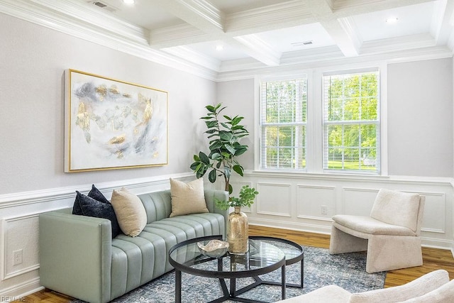 1161 Bells Mill Rd, Chesapeake, VA 23322 - living room featuring coffered ceiling, beam ceiling, ornamental molding, wood finished floors, and a wainscoted wall