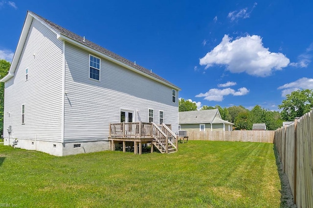 1161 Bells Mill Rd, Chesapeake, VA 23322 - rear view of property with a deck, a fenced backyard, crawl space, and stairs