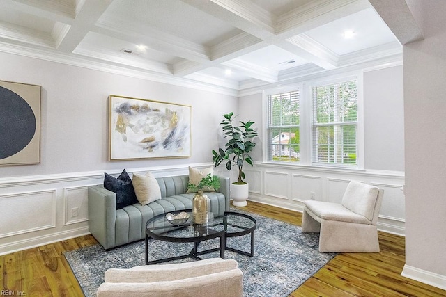 1161 Bells Mill Rd, Chesapeake, VA 23322 - sitting room featuring coffered ceiling, beamed ceiling, wood finished floors, and crown molding