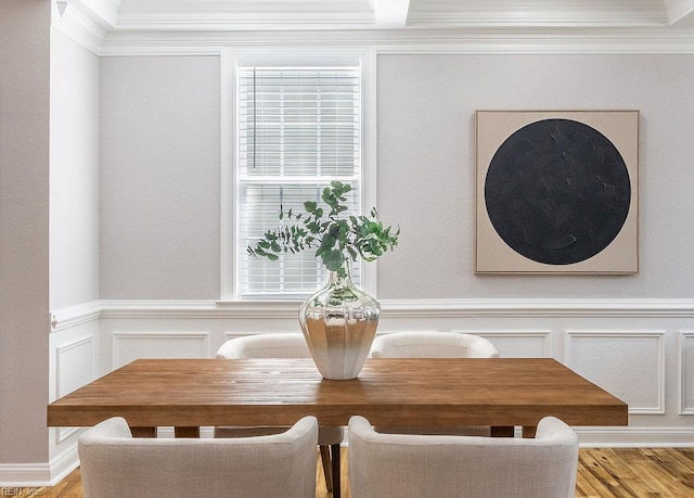 1161 Bells Mill Rd, Chesapeake, VA 23322 - dining space with ornamental molding, light wood-type flooring, a wainscoted wall, and a decorative wall