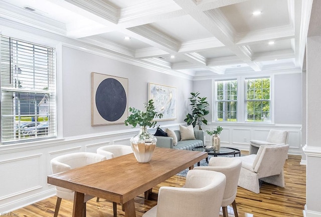 1161 Bells Mill Rd, Chesapeake, VA 23322 - dining area featuring a decorative wall, beam ceiling, light wood-style floors, and coffered ceiling