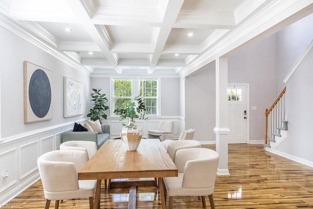 1161 Bells Mill Rd, Chesapeake, VA 23322 - dining room featuring light wood finished floors, beamed ceiling, healthy amount of natural light, coffered ceiling, and crown molding