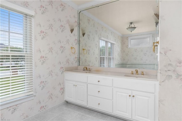 1938 Lancing Crest Ln, Chesapeake, VA 23323 - bathroom featuring double vanity, ornamental molding, and tile patterned flooring