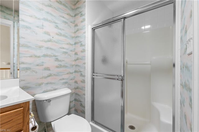 1938 Lancing Crest Ln, Chesapeake, VA 23323 - bathroom featuring vanity, a stall shower, and wallpapered walls