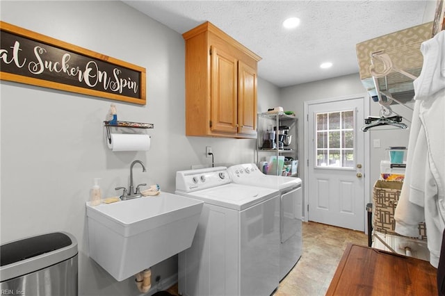203 Vixen Ct, Yorktown, VA 23693 - washroom with cabinet space, washing machine and dryer, recessed lighting, and a textured ceiling