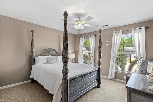 203 Vixen Ct, Yorktown, VA 23693 - bedroom featuring light carpet, multiple windows, access to exterior, ceiling fan, and a textured ceiling