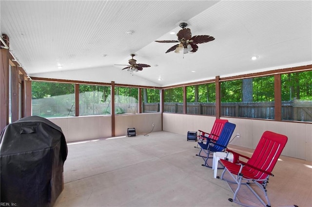 203 Vixen Ct, Yorktown, VA 23693 - sunroom with ceiling fan, lofted ceiling, concrete floors, and recessed lighting