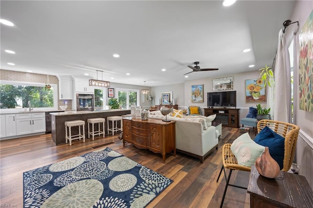 205 Ridgeland Dr, Smithfield, VA 23430 - living room with plenty of natural light, dark wood-style floors, recessed lighting, and ceiling fan