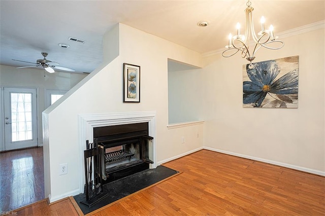 751 S Lake Cir, Chesapeake, VA 23322 - unfurnished living room with wood finished floors, a chandelier, ornamental molding, a fireplace with flush hearth, and ceiling fan