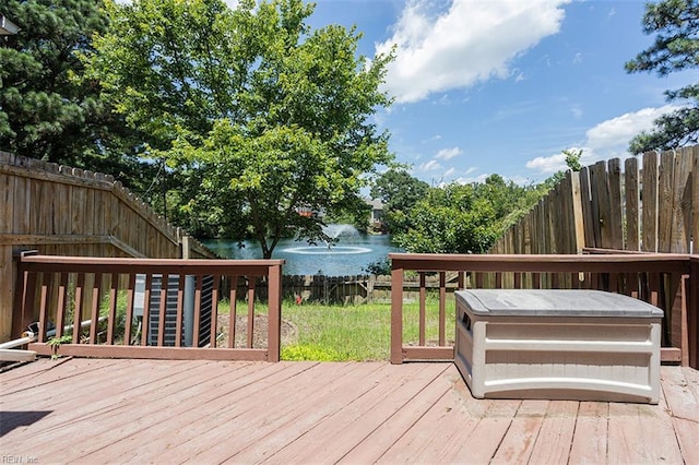 751 S Lake Cir, Chesapeake, VA 23322 - wooden terrace with a fenced backyard, a water view, and a hot tub