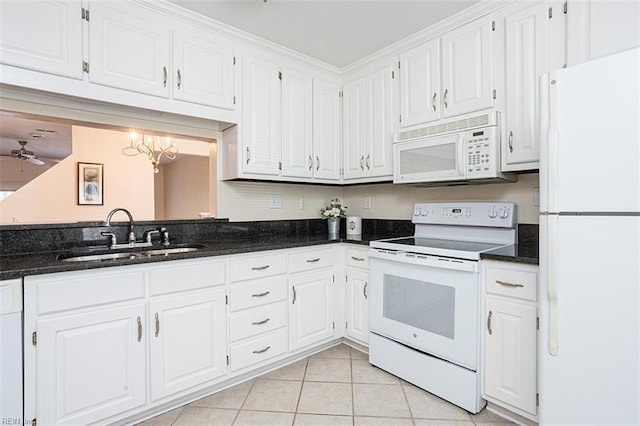 751 S Lake Cir, Chesapeake, VA 23322 - kitchen featuring white appliances, white cabinetry, light tile patterned floors, and dark stone countertops