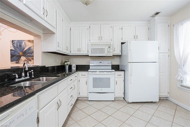 751 S Lake Cir, Chesapeake, VA 23322 - kitchen featuring white appliances, white cabinetry, dark stone counters, and light tile patterned floors