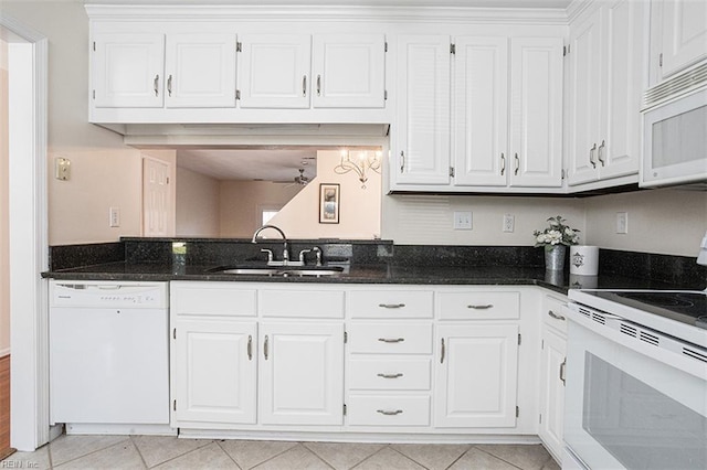 751 S Lake Cir, Chesapeake, VA 23322 - kitchen with white appliances, white cabinetry, a ceiling fan, and light tile patterned floors