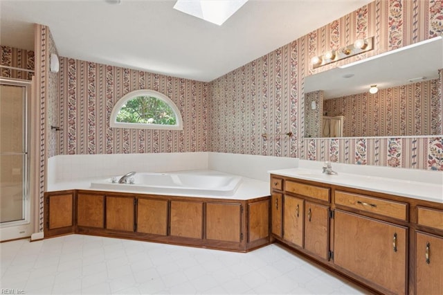 104 Hounds Chase Chase, Yorktown, VA 23693 - full bathroom with wallpapered walls, a shower stall, a bath, vanity, and tile patterned floors