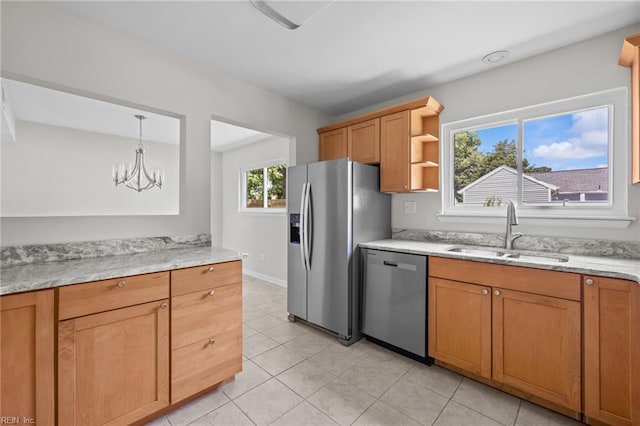 3012 Camelot Blvd, Chesapeake, VA 23323 - kitchen with stainless steel appliances, a chandelier, open shelves, light tile patterned flooring, and light stone counters