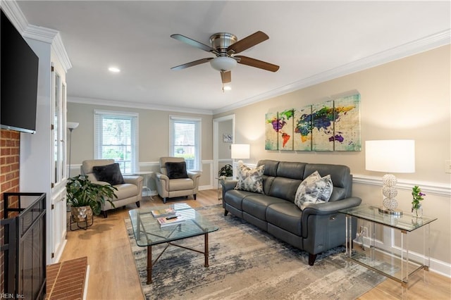 520 Foxgate Quarter Quarter, Chesapeake, VA 23322 - living area featuring a ceiling fan, wood finished floors, crown molding, a brick fireplace, and recessed lighting