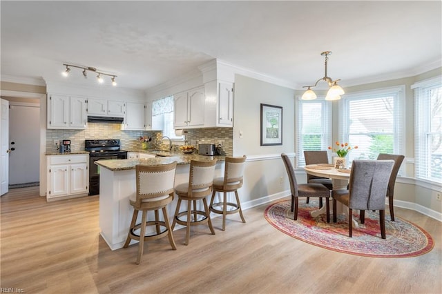 520 Foxgate Quarter Quarter, Chesapeake, VA 23322 - kitchen with black range with electric stovetop, a peninsula, light wood-style flooring, white cabinets, and crown molding