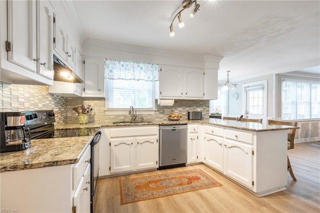 520 Foxgate Quarter Quarter, Chesapeake, VA 23322 - kitchen with stainless steel dishwasher, black electric range oven, a peninsula, light wood-style floors, and ornamental molding