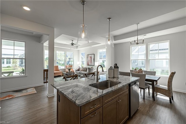 202 Oxford Ave Unit 46-1, Smithfield, VA 23430 - kitchen featuring a tray ceiling, dishwasher, dark wood-style floors, hanging light fixtures, and an island with sink