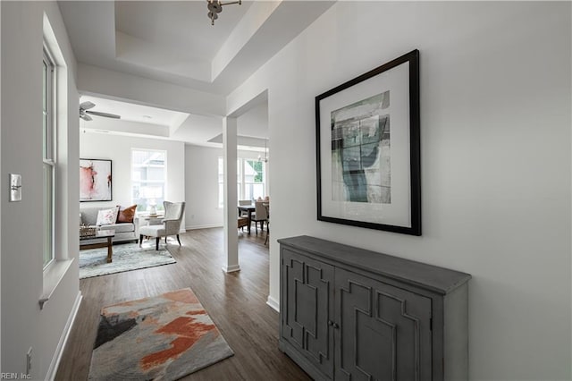 202 Oxford Ave Unit 46-1, Smithfield, VA 23430 - corridor featuring a tray ceiling and dark wood-style floors