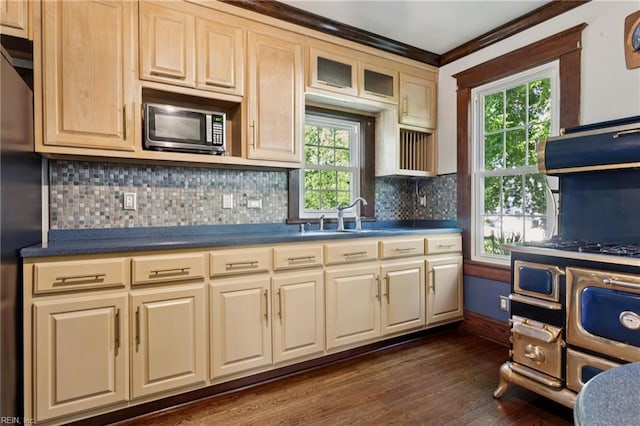515 Beach Rd, Hampton, VA 23664 - kitchen featuring stainless steel appliances, dark wood-type flooring, tasteful backsplash, ornamental molding, and dark countertops