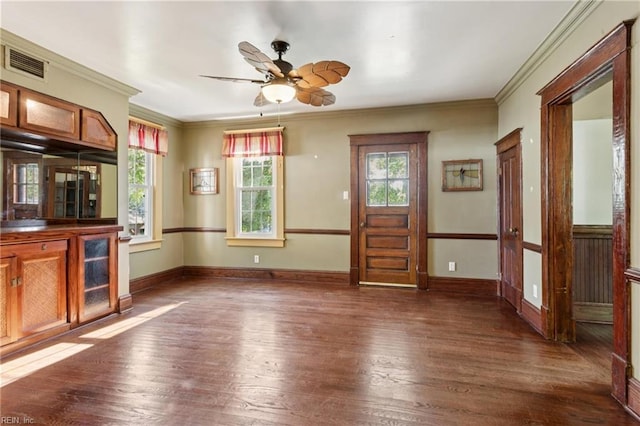 515 Beach Rd, Hampton, VA 23664 - kitchen with a ceiling fan, plenty of natural light, dark wood finished floors, crown molding, and brown cabinetry