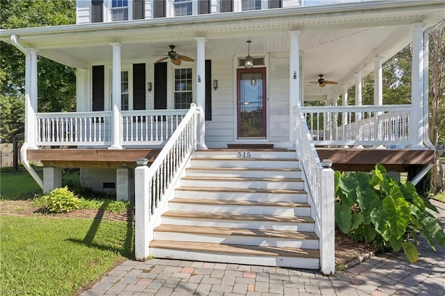 515 Beach Rd, Hampton, VA 23664 - view of exterior entry featuring a ceiling fan and covered porch