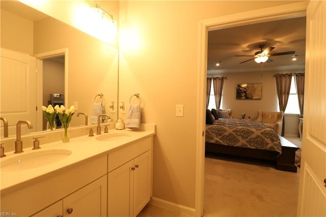1815 Honey Milk Rd, Chesapeake, VA 23323 - ensuite bathroom featuring double vanity, ceiling fan, and crown molding