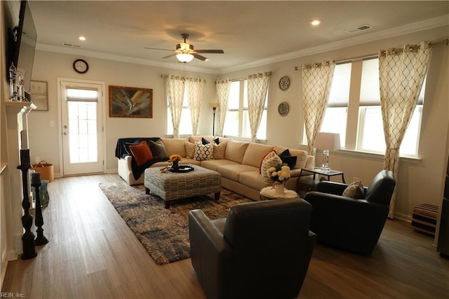 1815 Honey Milk Rd, Chesapeake, VA 23323 - living area with ceiling fan, wood finished floors, crown molding, and recessed lighting
