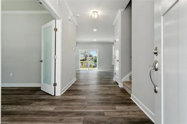 461 Joy Dr, Hampton, VA 23666 - entrance foyer featuring ornamental molding, dark wood-type flooring, stairs, and recessed lighting