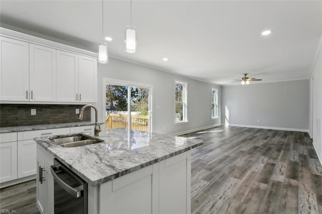461 Joy Dr, Hampton, VA 23666 - kitchen featuring dishwashing machine, crown molding, backsplash, recessed lighting, and white cabinets